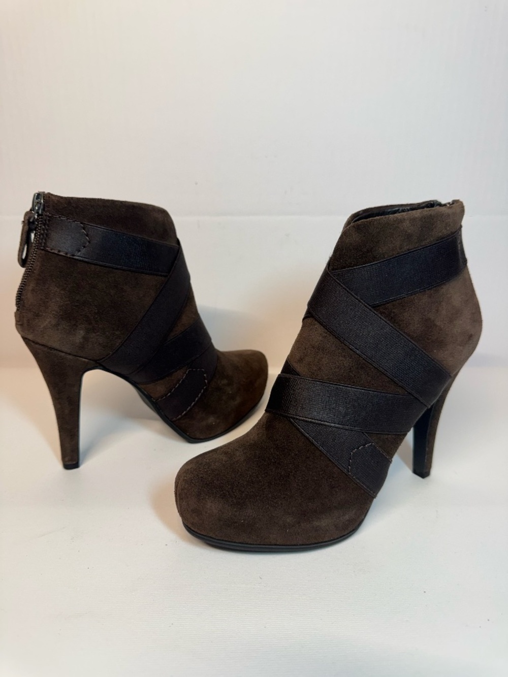 Apepazza Brown Suede Crisscross Elastic High Heel Ankle Booties 6